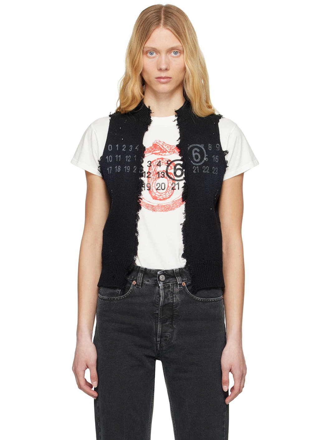 Black Open Cut Printed Vest - 1