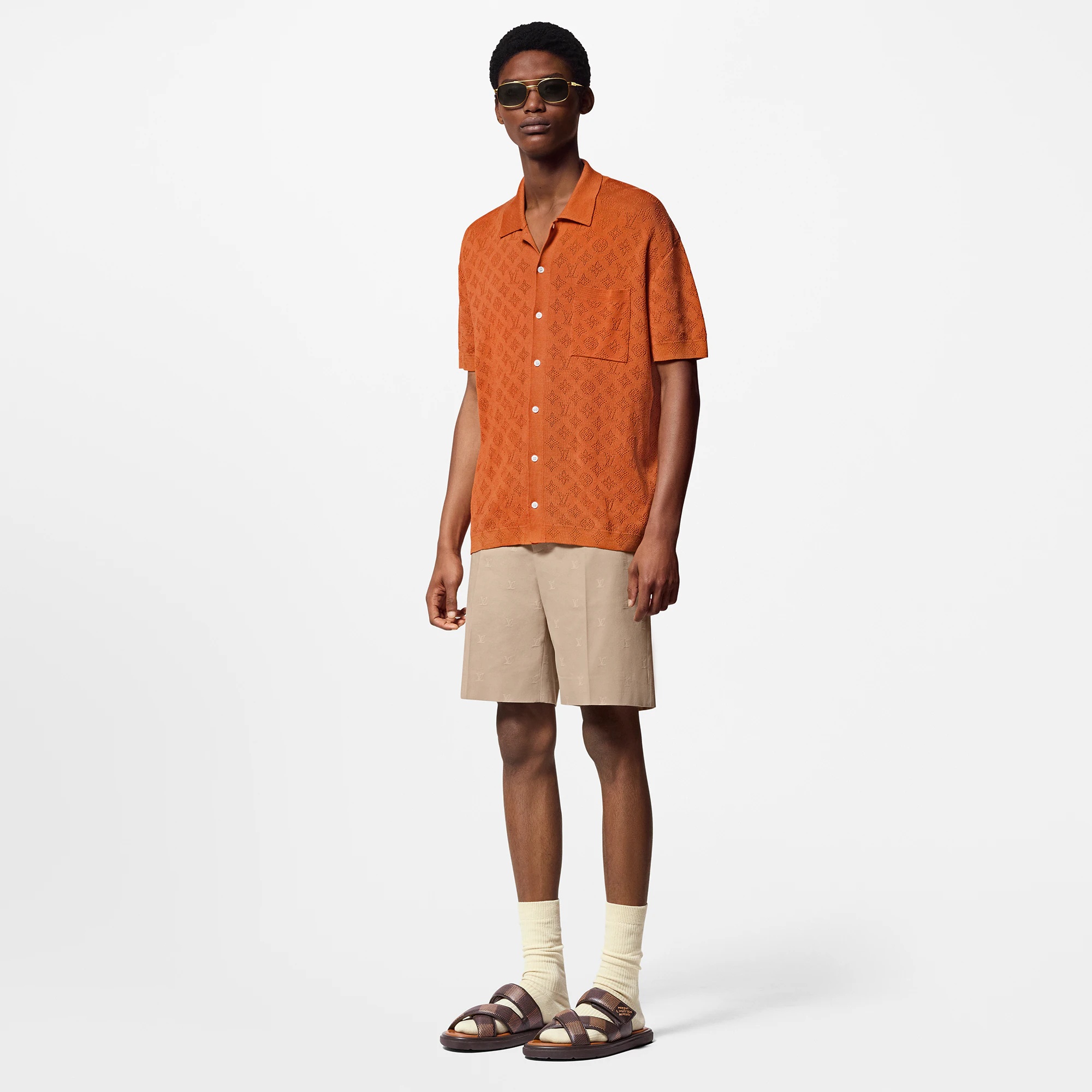 Monogram Pointelle Short-Sleeved Cotton Shirt - 4