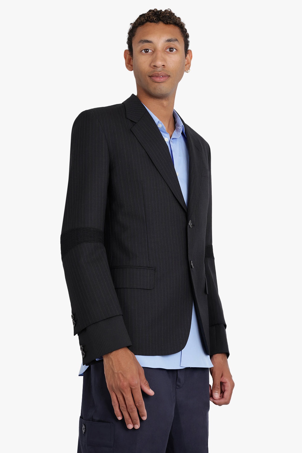 WOOL STRIPE PANEL BLAZER | BLACK - 3
