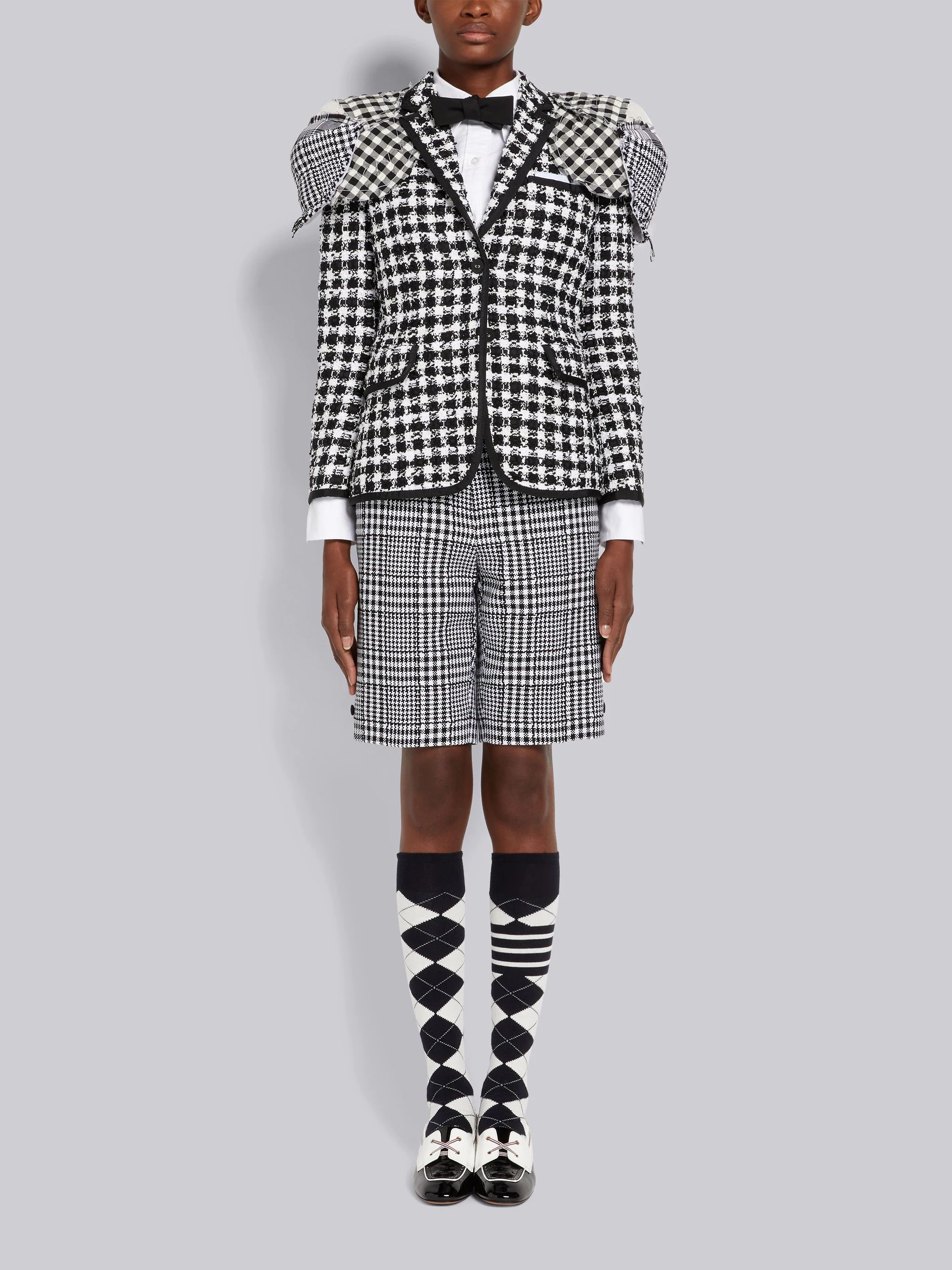 Black and White Gingham Check Tweed Grosgrain Tipping Stacked Shoulder Pad Classic Jacket - 4