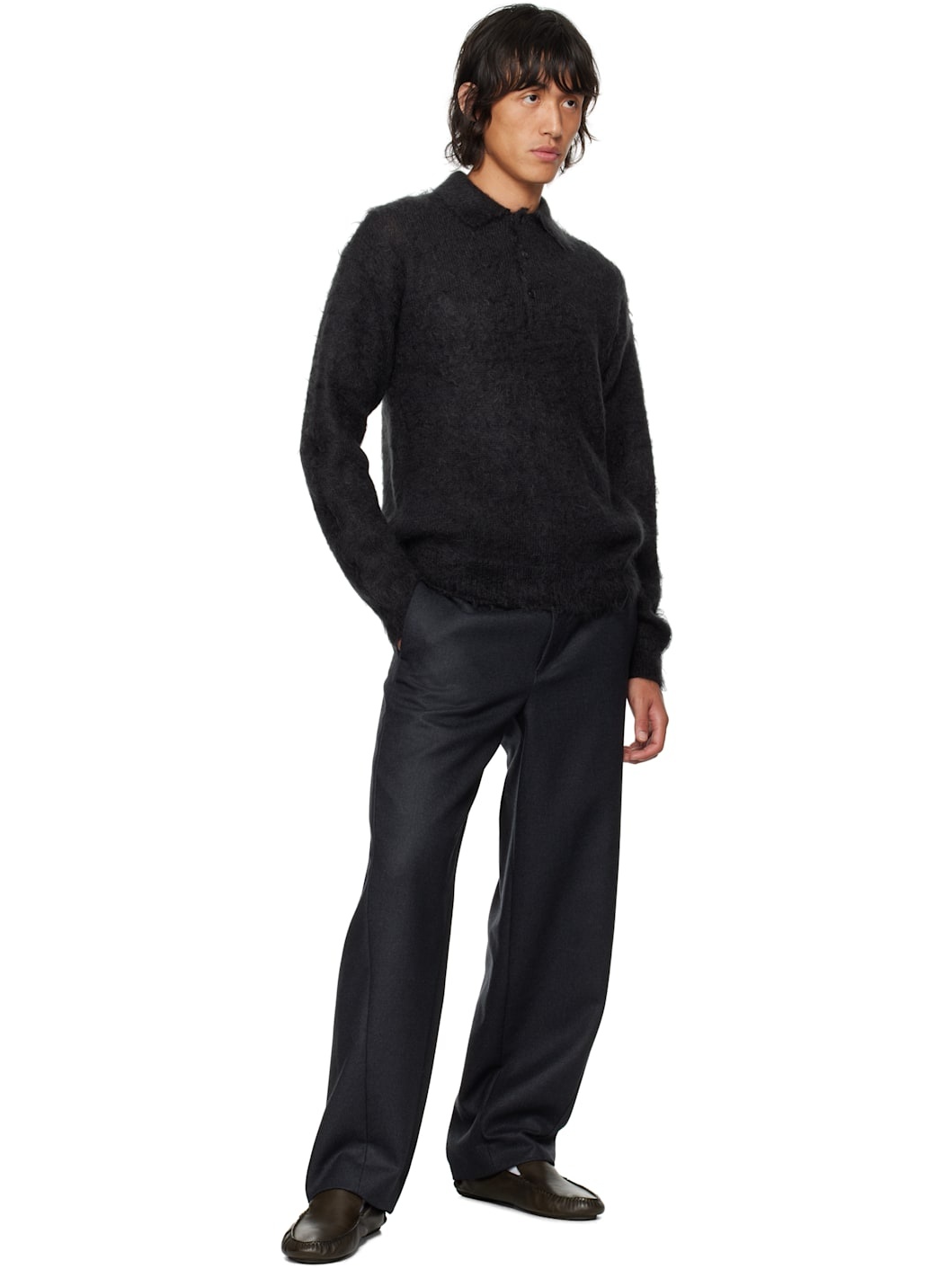 トップス AURALEE BRUSHED MOHAIR KNIT POLO BLACK 4 Auralee Brushed Super Kid Mohair Knit Polo | Deep Black