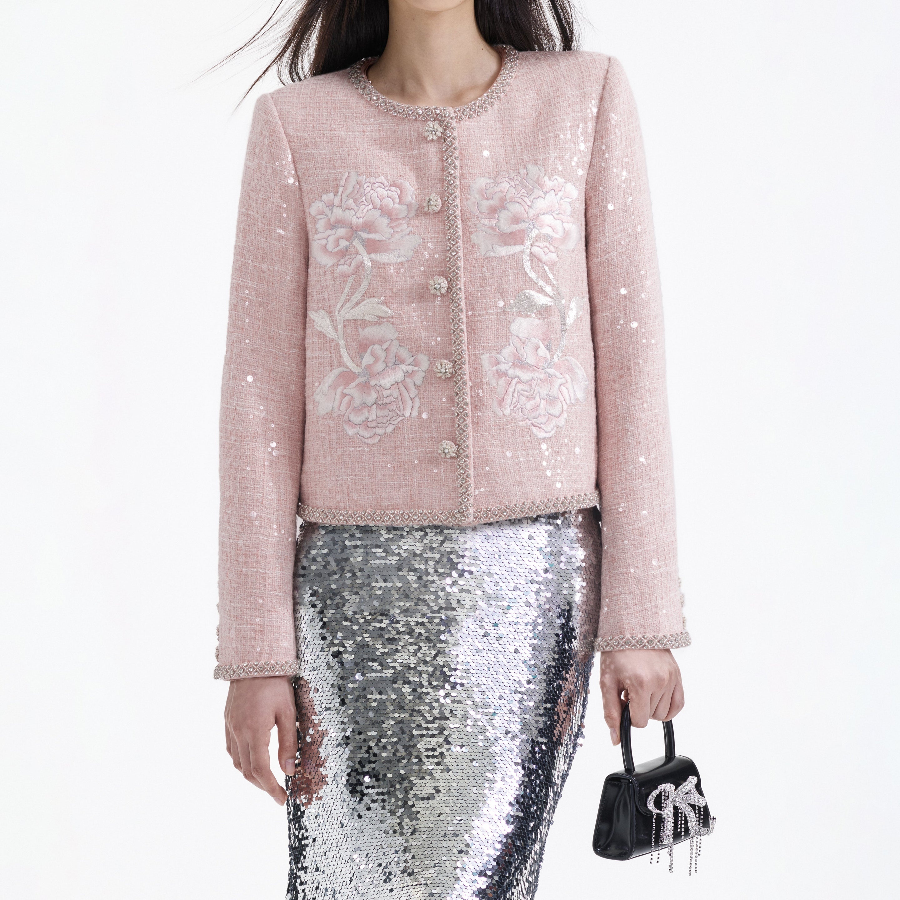 Pink Embroidered Boucle Jacket - 4
