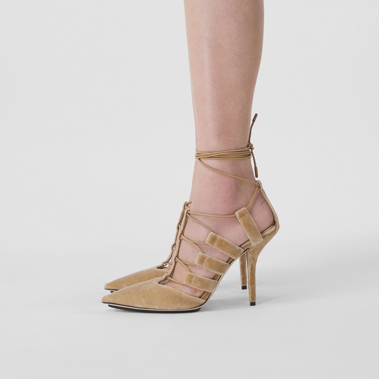 Cut-out Velvet Laced Point-toe Pumps - 4