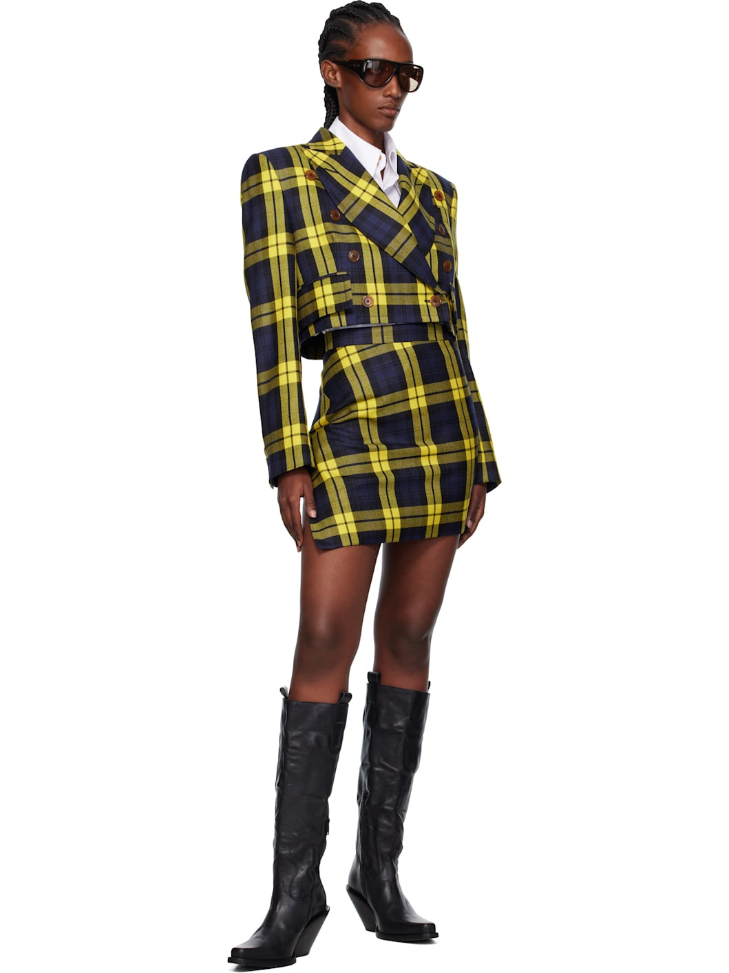 Navy & Yellow Long Sleeve Cut Off Blazer - 4