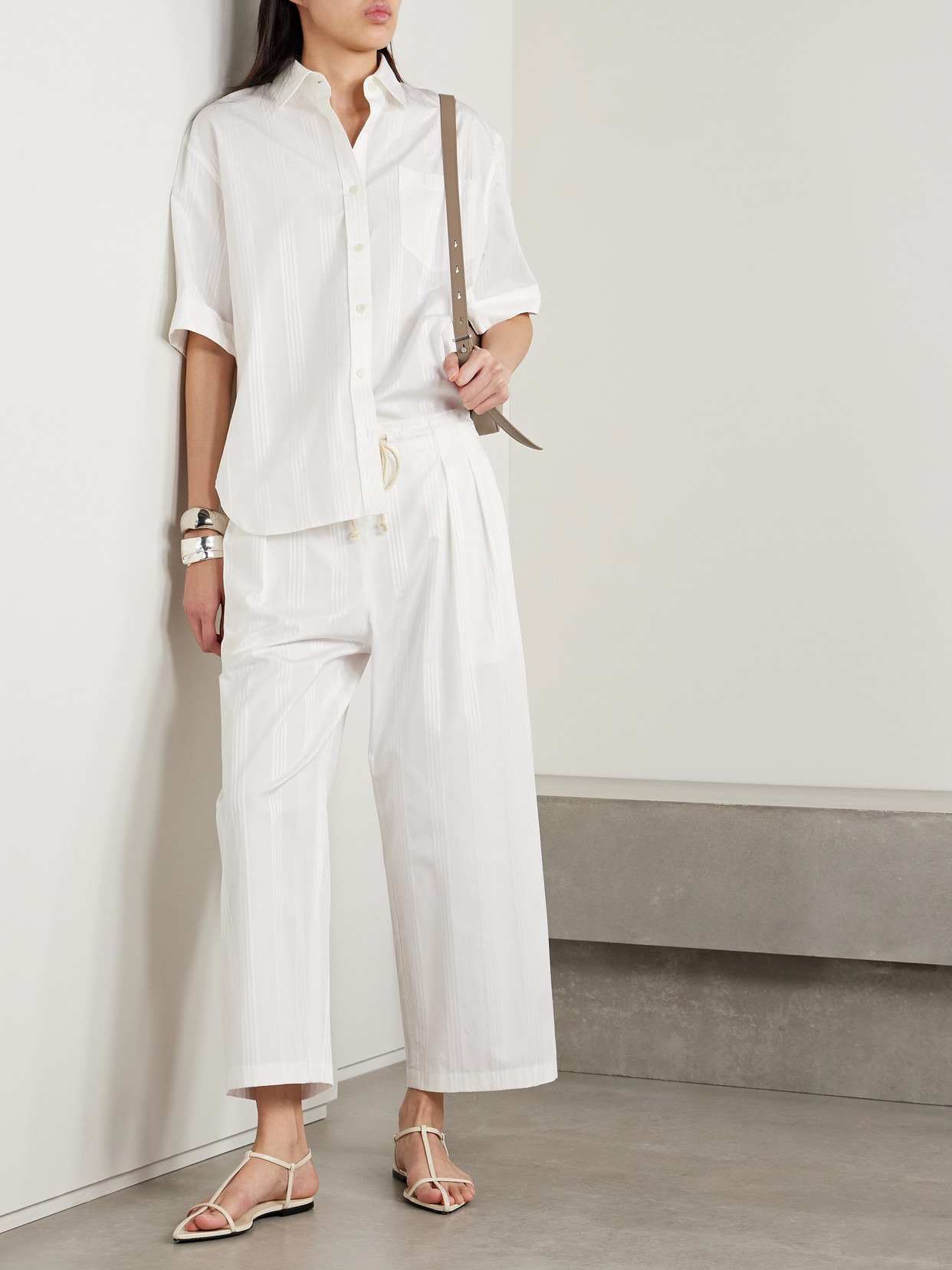 Pleated Striped Organic Cotton-jacquard Wide-leg Pants - 2