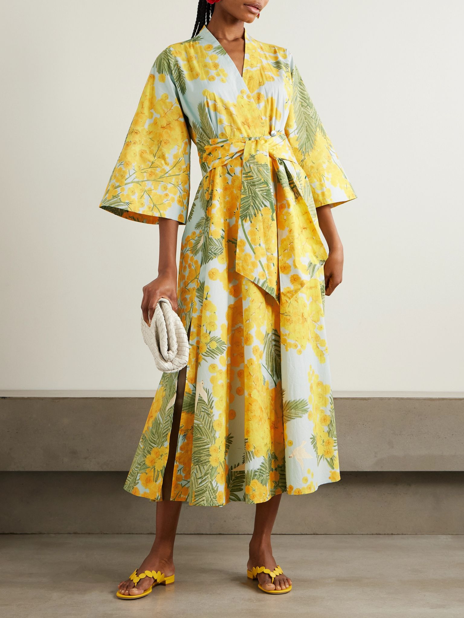 Almudena belted floral-print cotton-poplin midi wrap dress Yellow - 2