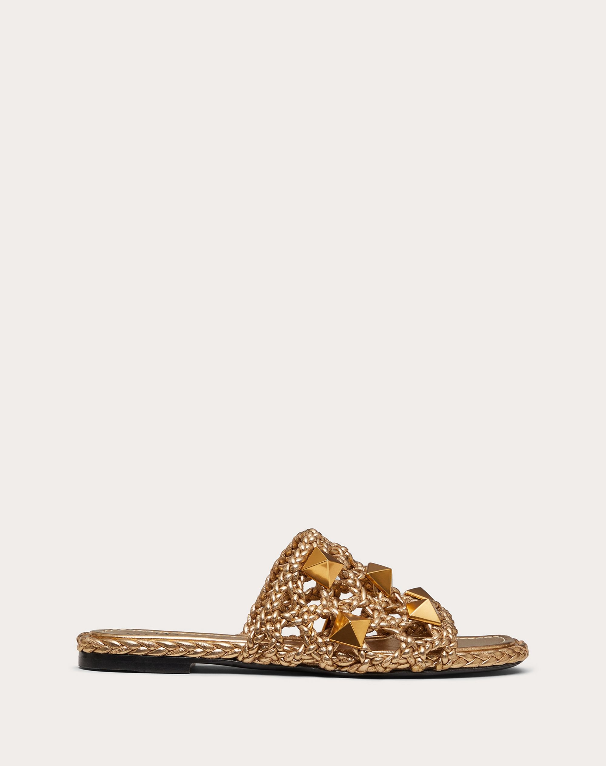 ROMAN STUD FLAT SLIDE SANDAL IN WOVEN METALLIC NAPPA - 1