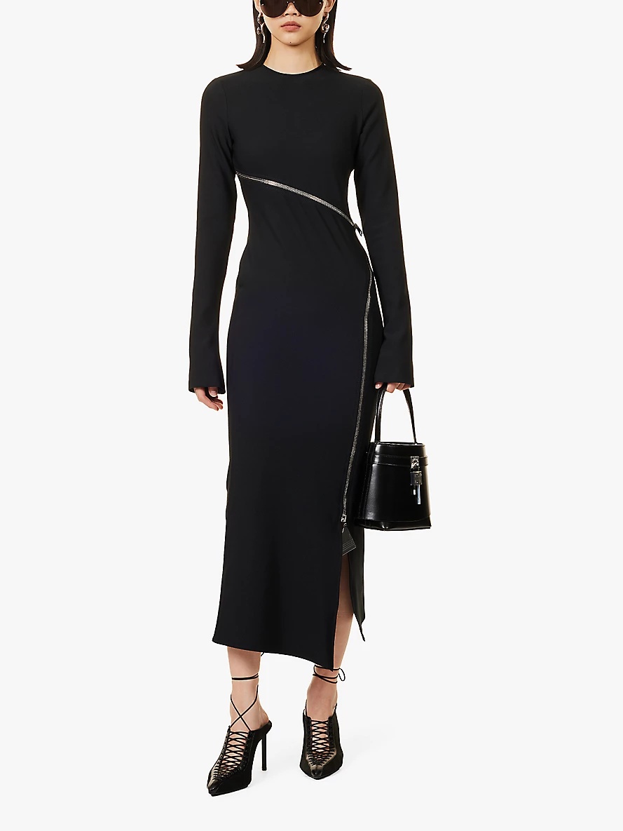 Flared-cuff zip-embellished stretch-woven midi dress - 2