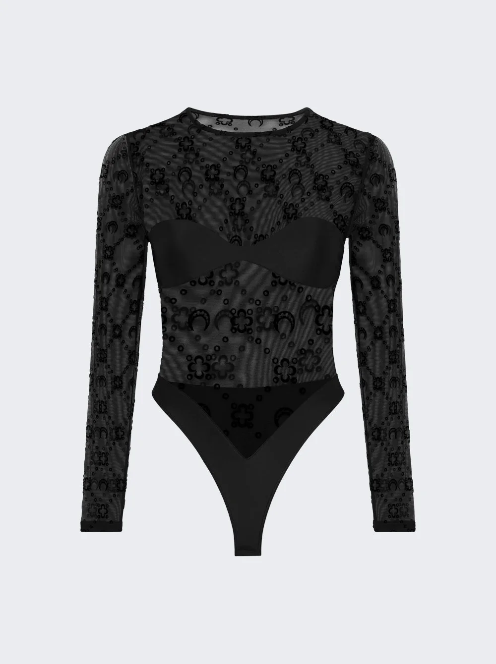 Moonogram Mesh Flock Long Skeeve Bodysuit Top Black - 1