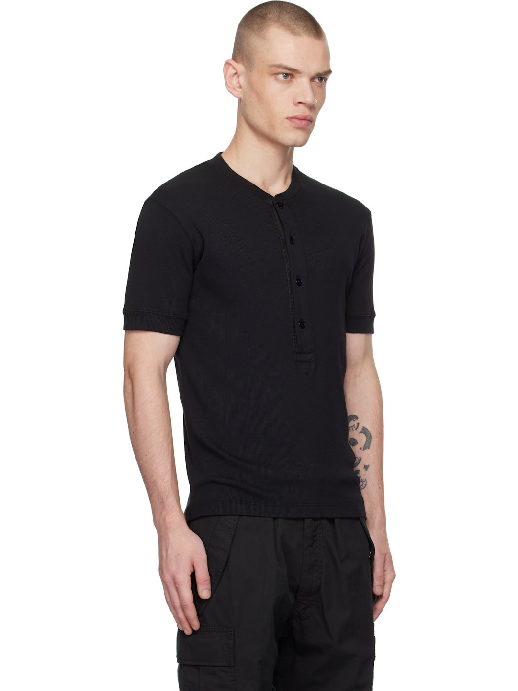 Black Cotton Modal Rib Henley - 2