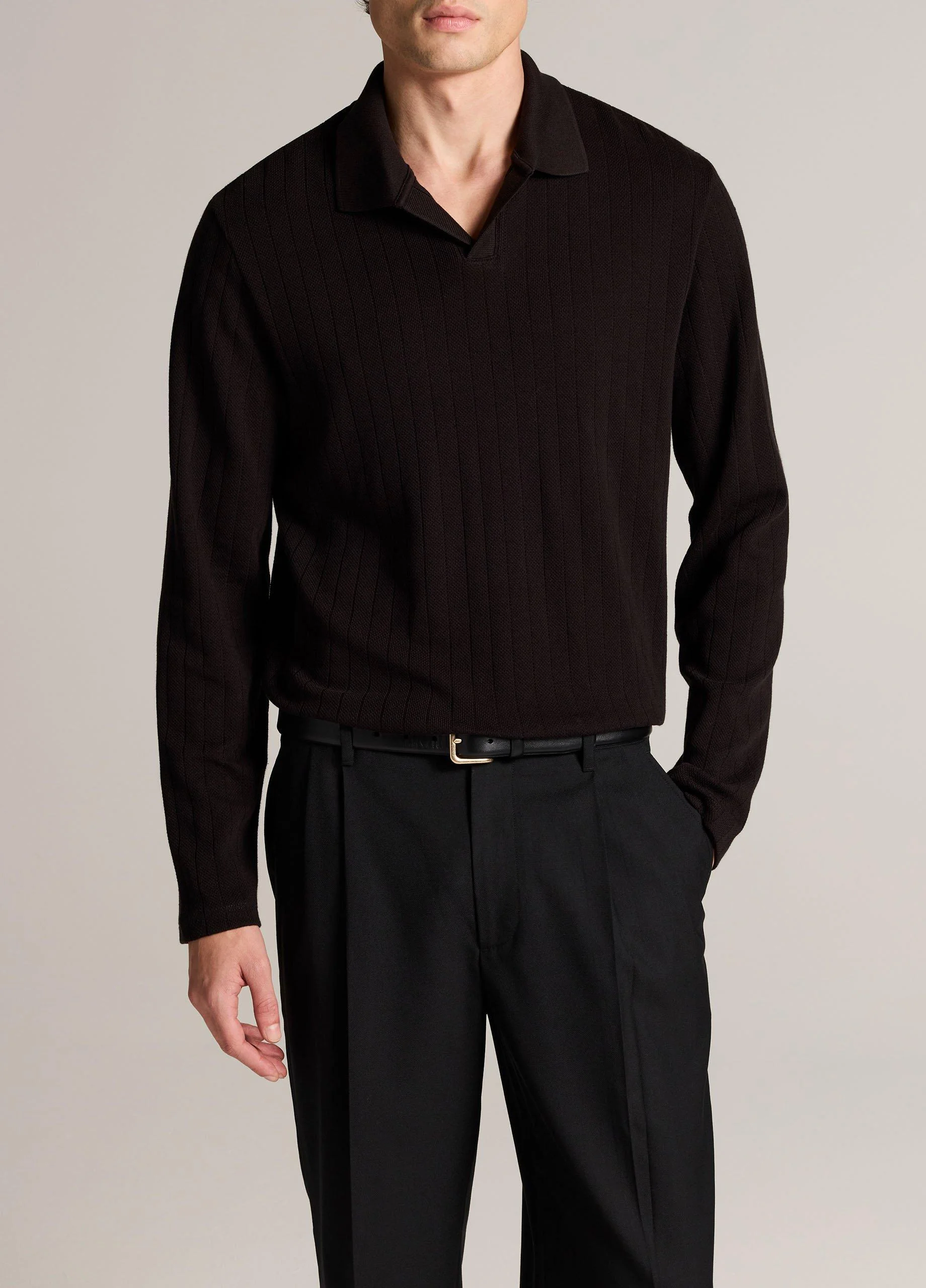 Drop-Needle Pima Cotton Johnny-Collar Shirt - 1