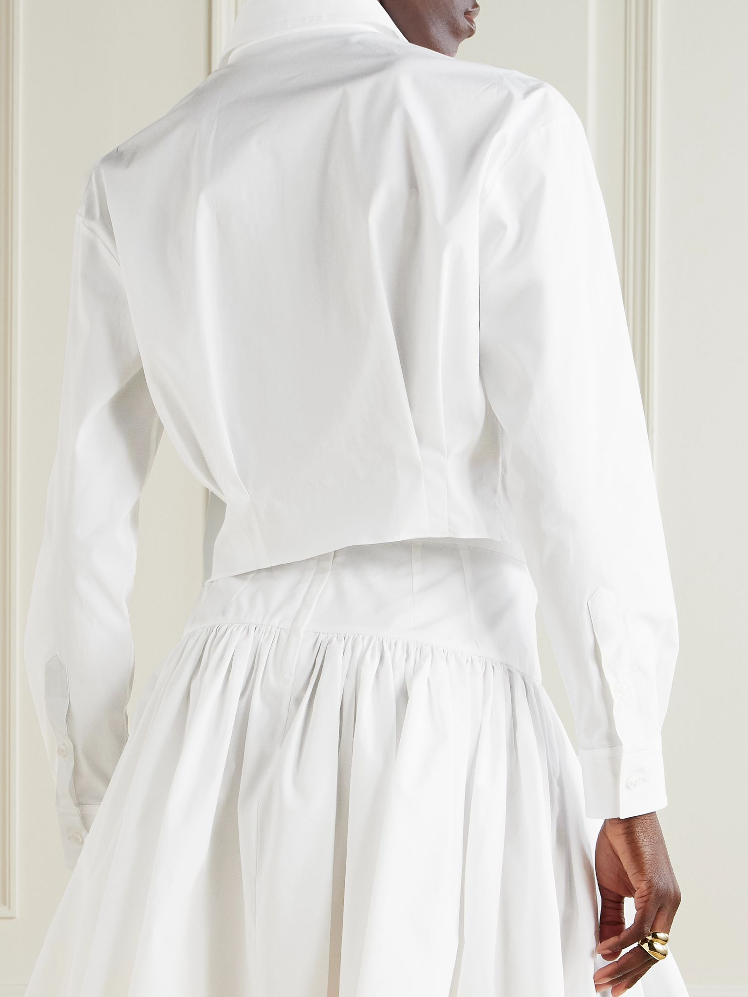 Cropped tie-front cotton-blend poplin shirt White - 3