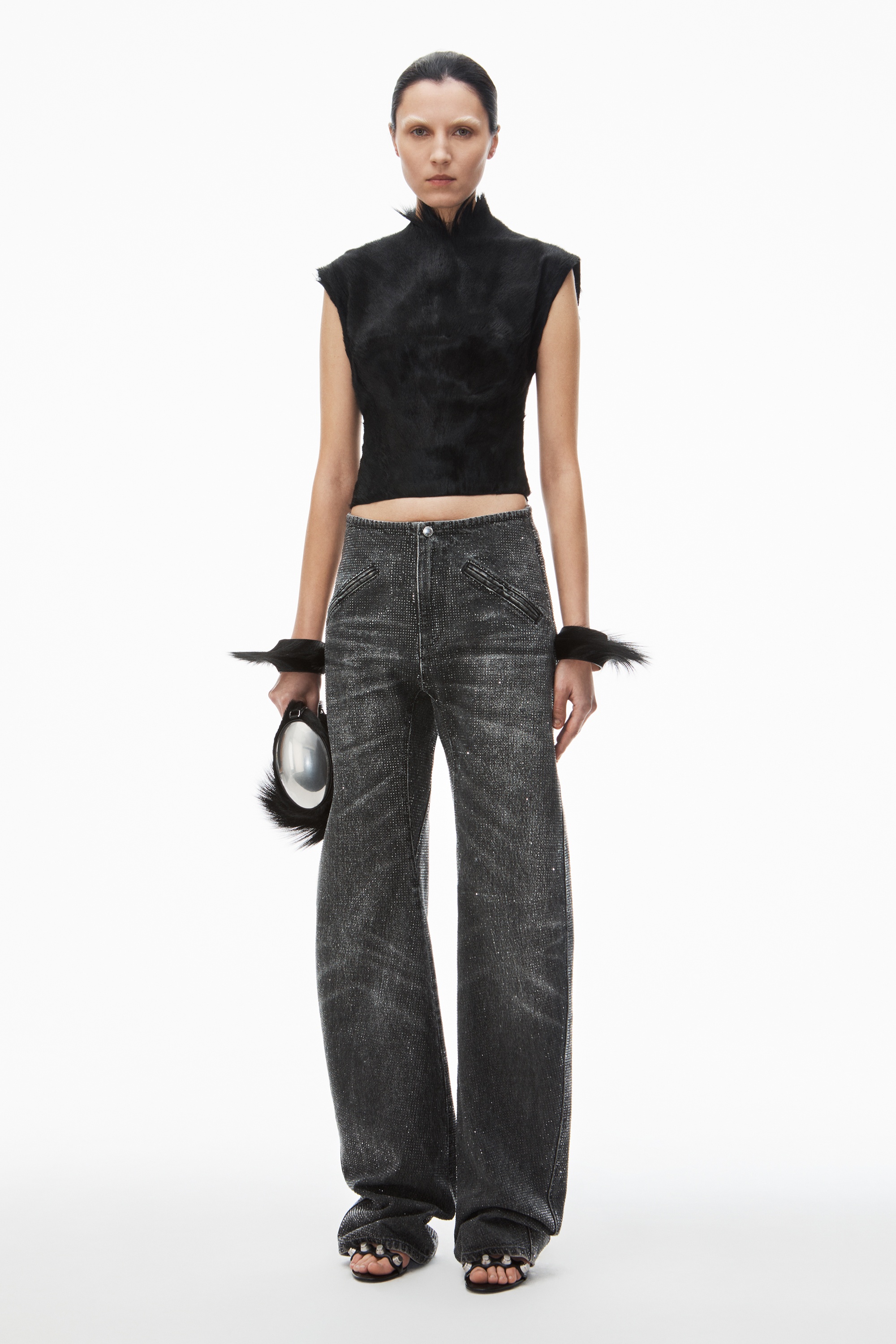 clear crystal hotfix moto pant in cotton denim - 2