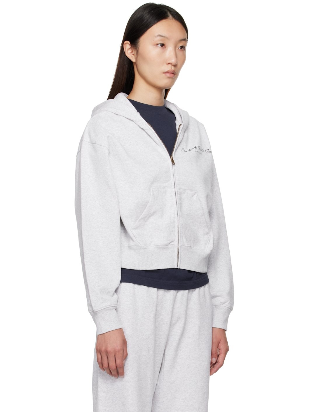 Gray 'NY Health Club' Cropped Zip Sports Hoodie - 2