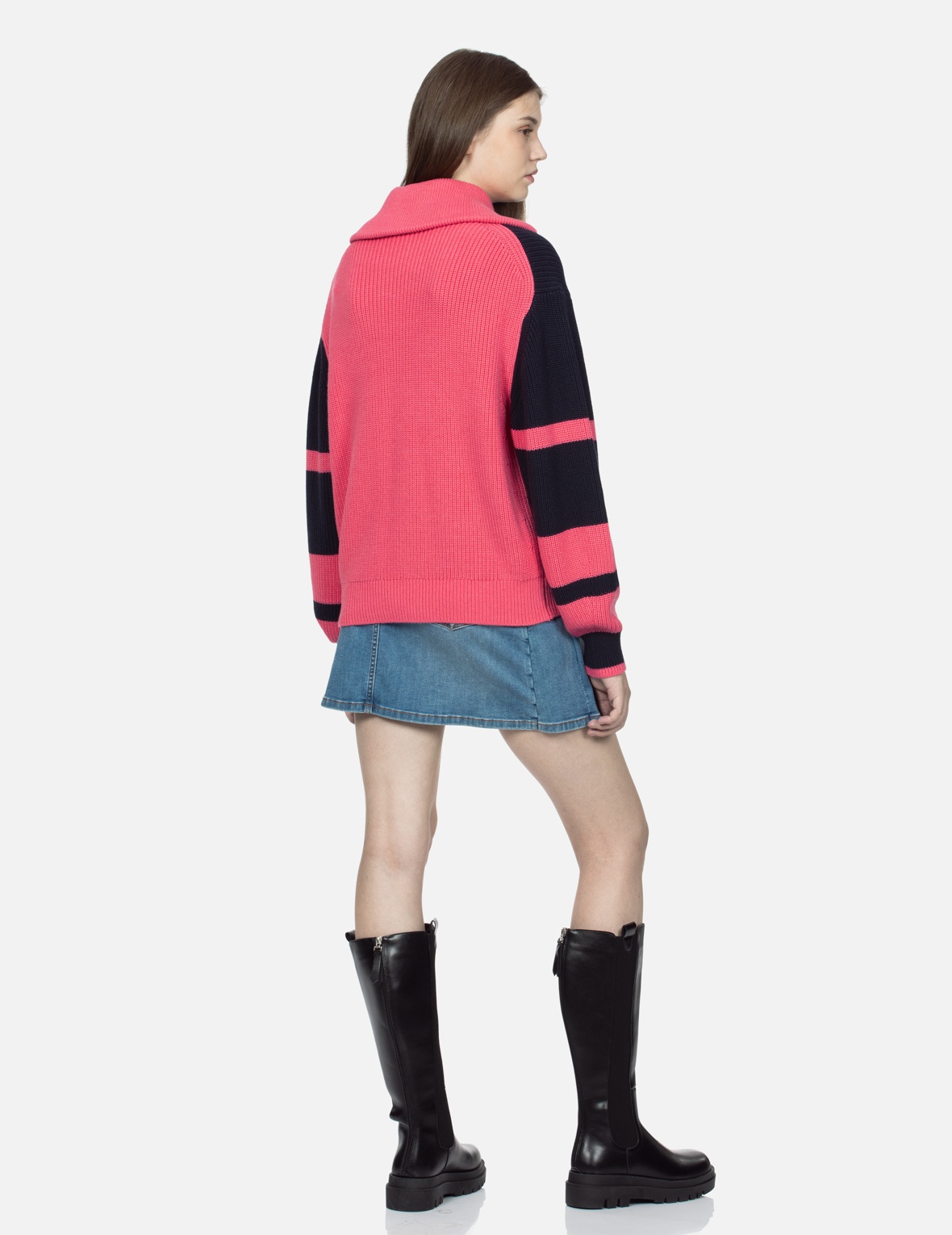 “EV” HEART BADGE STRIPED CROPPED HALF-ZIP SWEATER - 4