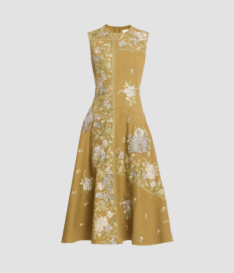 EMBROIDERED DENIM MIDI HOURGLASS DRESS 1