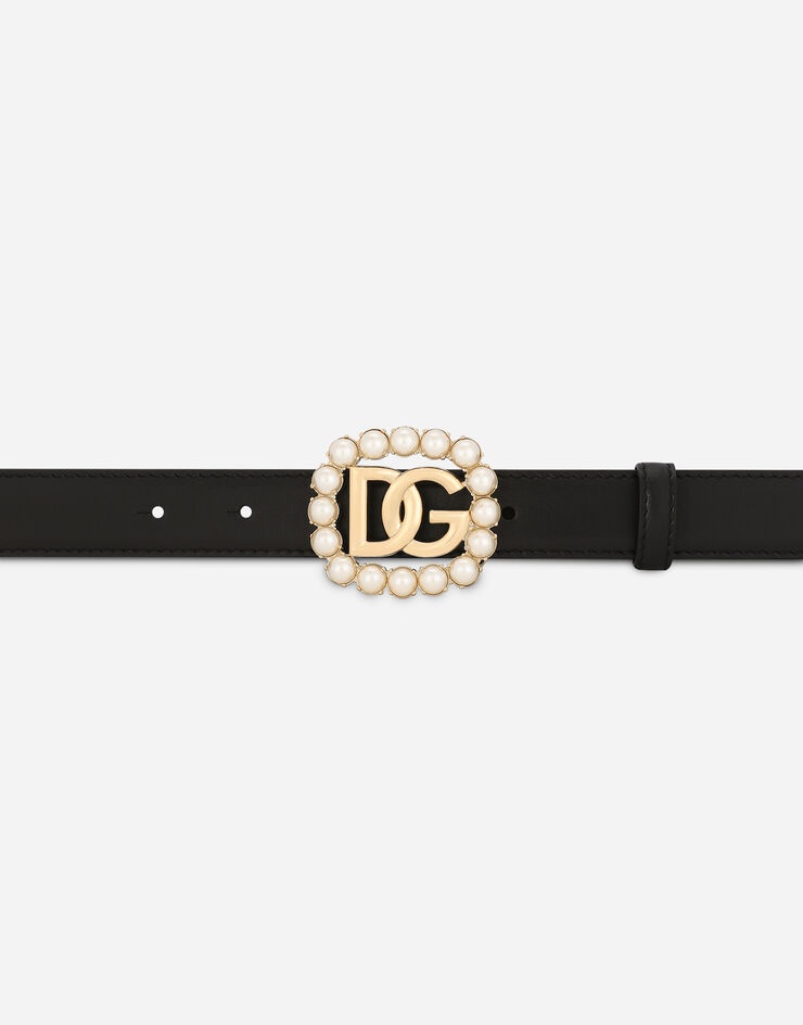 Calfskin belt with DG logo with pearls - 3