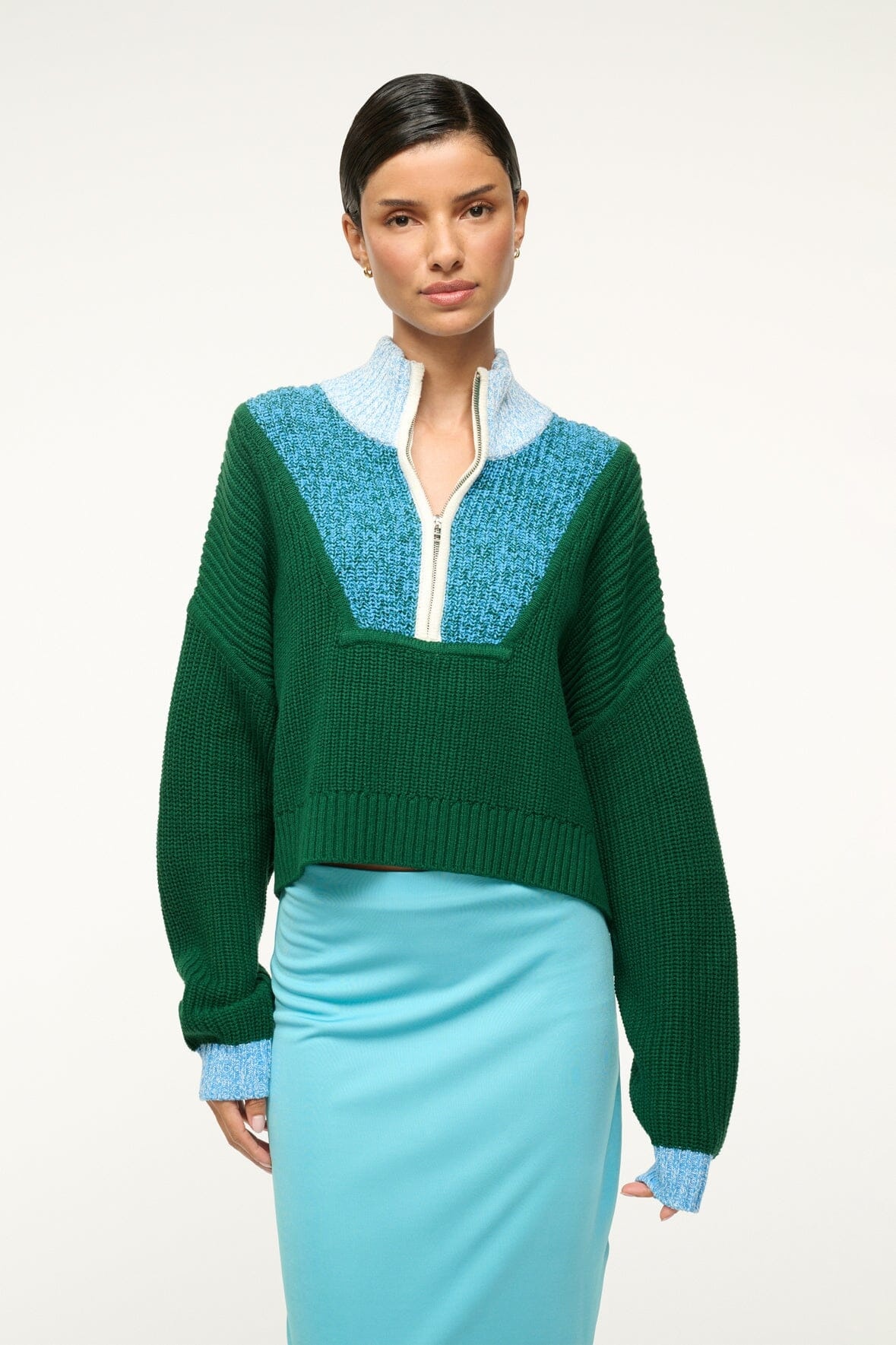 STAUD CROPPED HAMPTON SWEATER JUNGLE SKY IVORY - 2