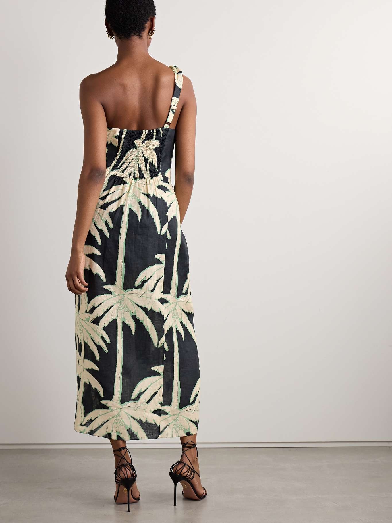 Dark Palms one-shoulder printed linen wrap-effect midi dress Black - 3
