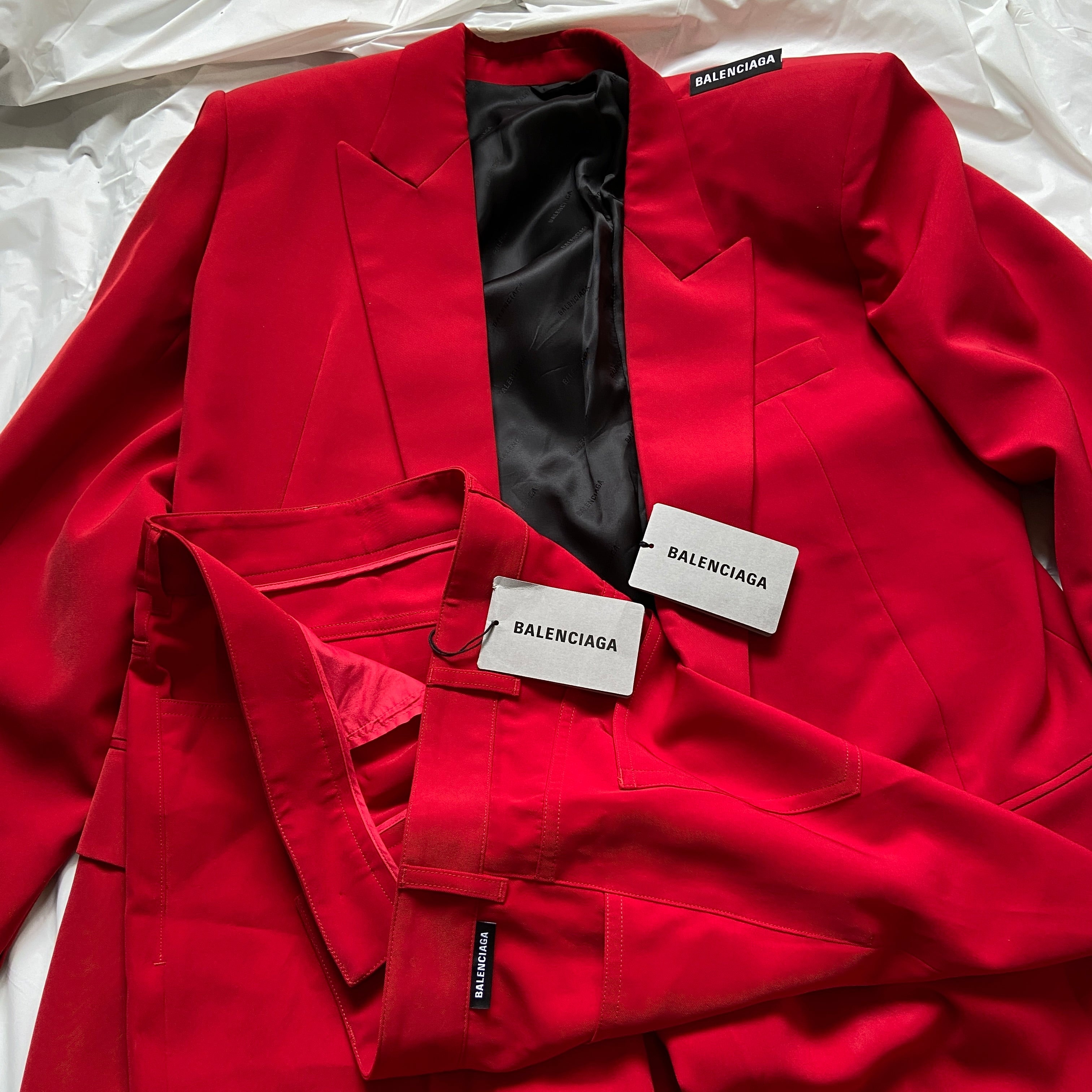 Balenciaga Bwnt ss19 runway set red 80s boxy shoulder blazer pants suit set 44 - 12