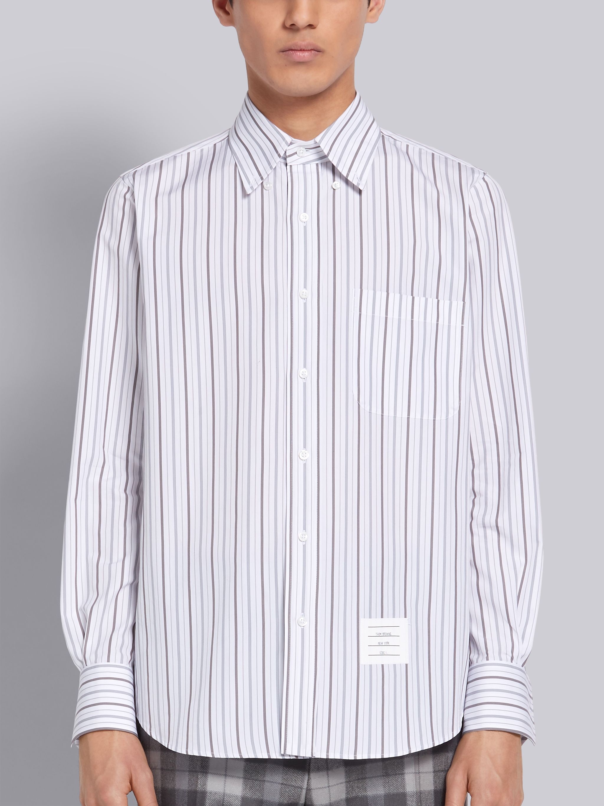 Medium Grey Cotton Poplin Stripe Straight Fit Long Sleeve Shirt - 3