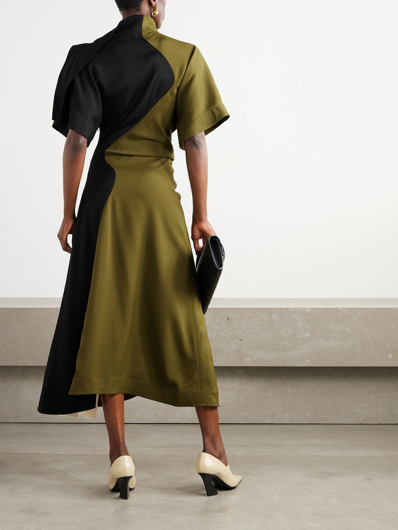 Draped asymmetric color-block satin dress Dark green - 3
