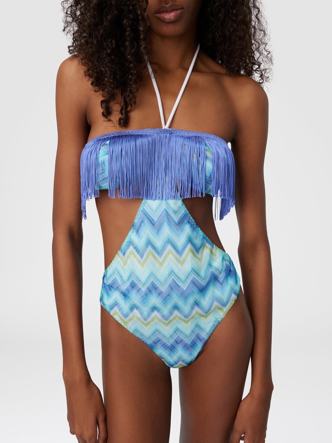 One-Piece Swimsuit with Fringes and Faded Stripes - 4
