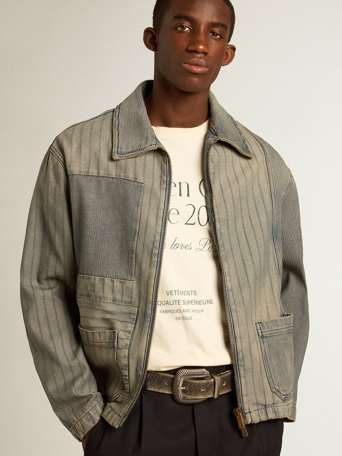 Men’s denim jacket with stripes and patches on the front - 2