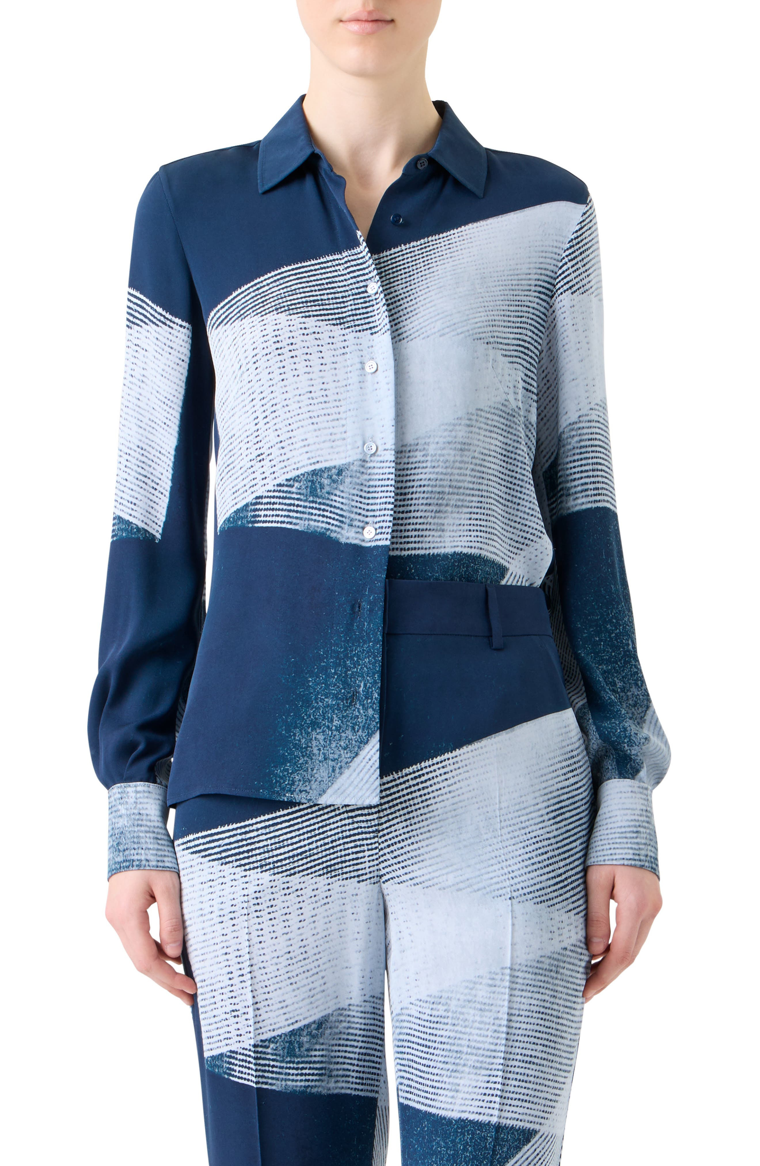 Akris Zigzag Print Silk Crepe Tunic Top in Denim-Ecru at Nordstrom - 1
