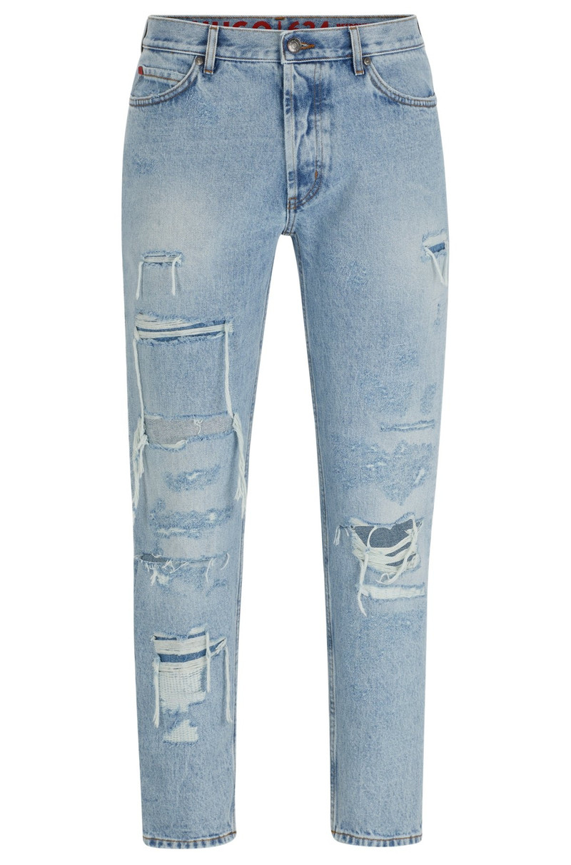 TAPERED-FIT JEANS IN BLUE DENIM WITH DESTROYED DETAILS 1