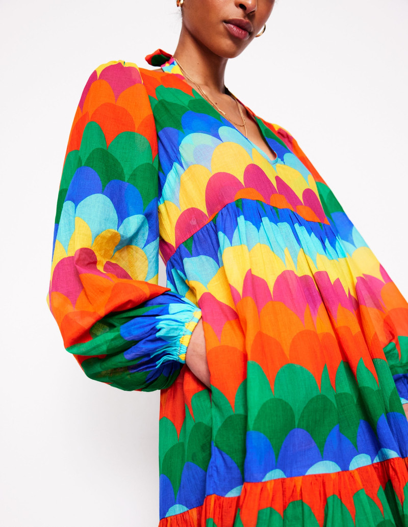 V-Neck Tiered Cotton Kaftan-Multi, Scallop Stripe 3