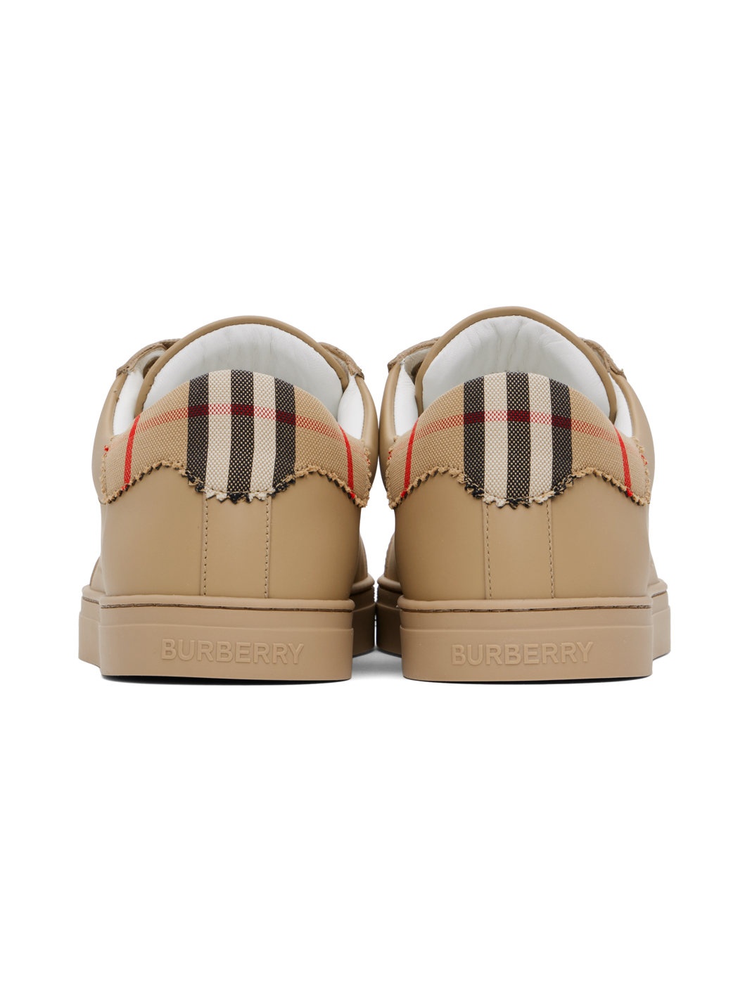 Beige Leather & Check Cotton Sneakers - 2