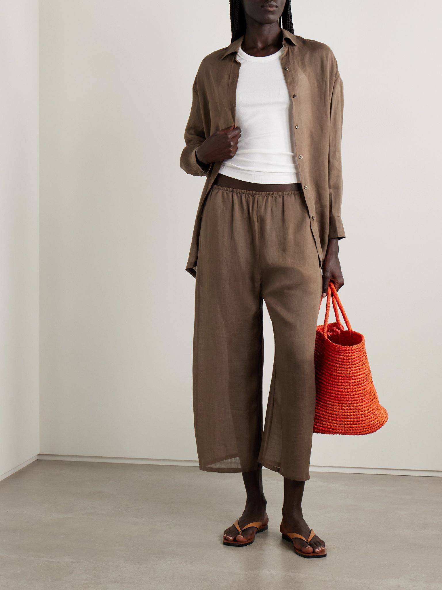 Niko cropped ramie pants Brown - 2