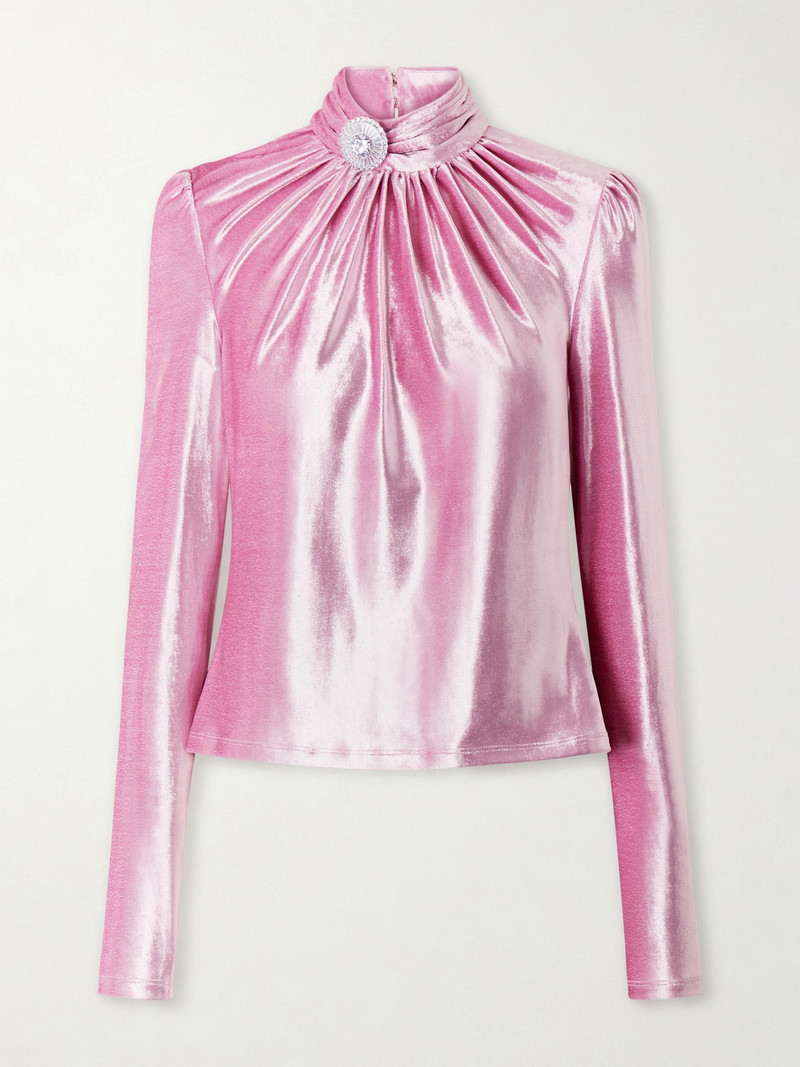 Crystal-embellished Gathered Velvet Turtleneck Blouse 1