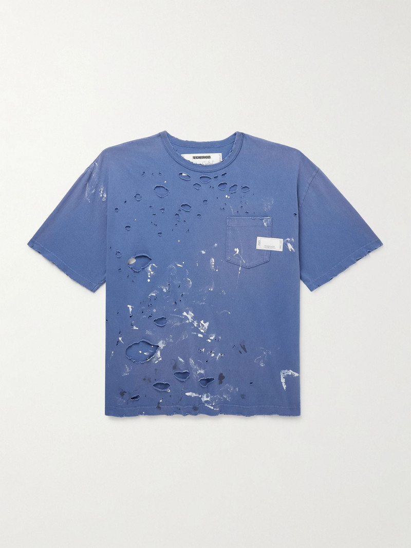 Savage Distressed Paint-Splattered Cotton-Jersey T-Shirt Blue 1