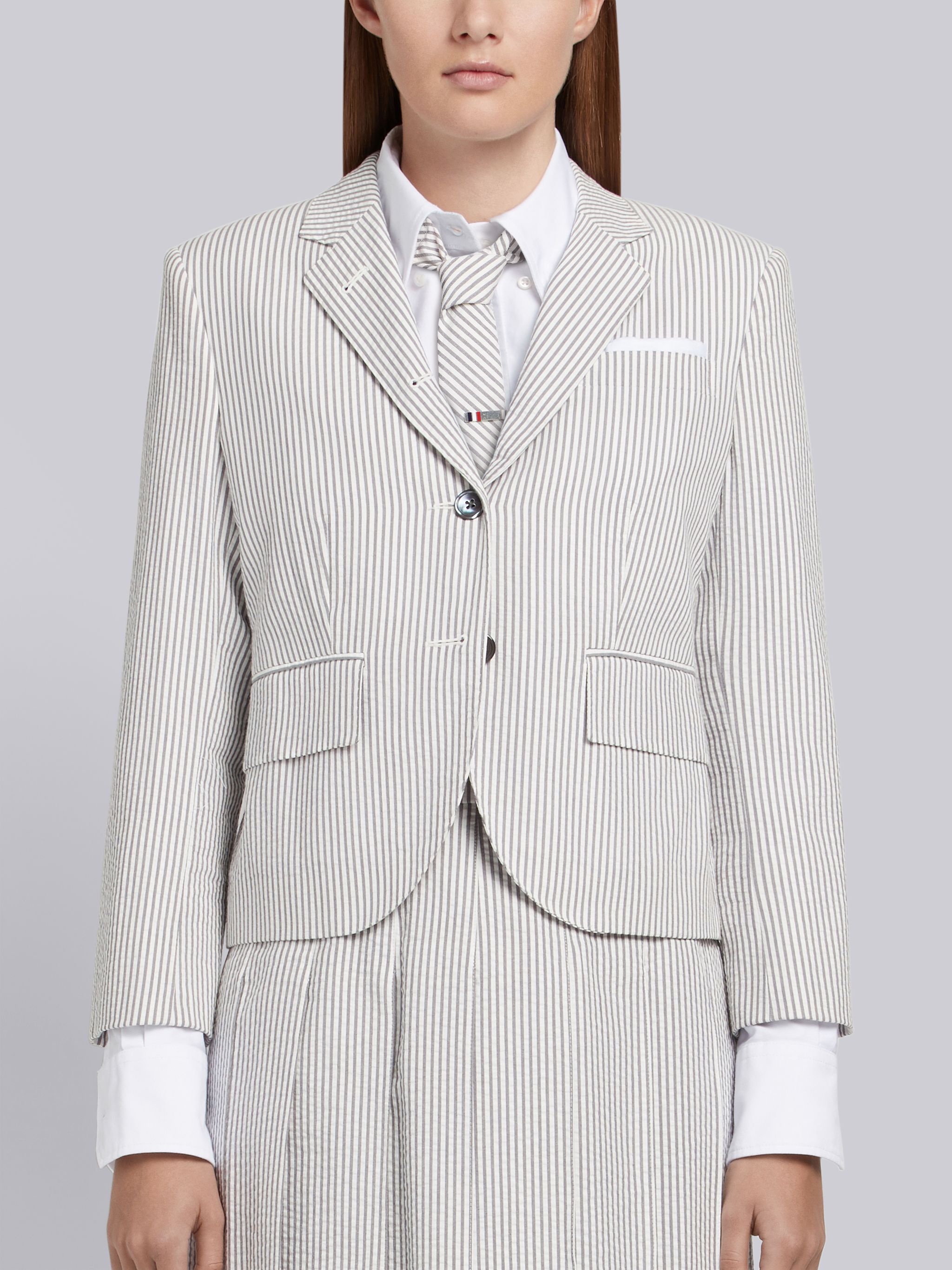 Medium Grey Striped Seersucker Half-lined Single Breasted High Armhole Sport Coat - 1