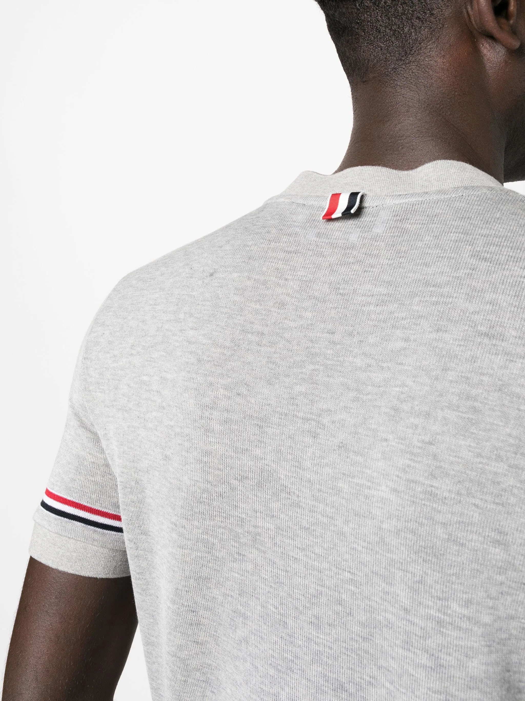 THOM BROWNE Men Short Sleeve Rib Cuff Tee In Light Weight Cotton Knit W/ RWB Stripe - 2