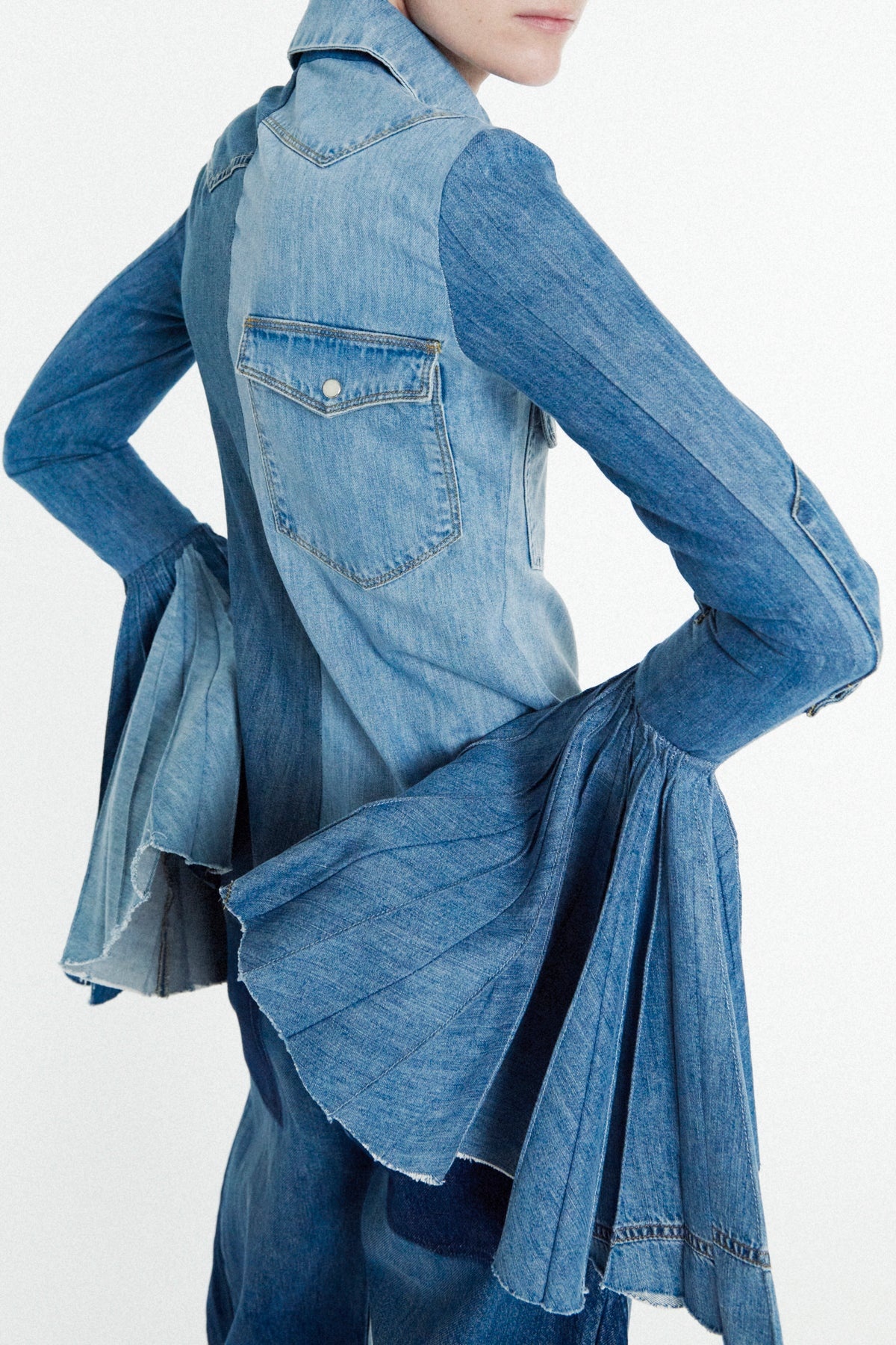 RECYCLED DENIM SHIRT WITH PLEATED BELL SLEEVES BLUE - 4