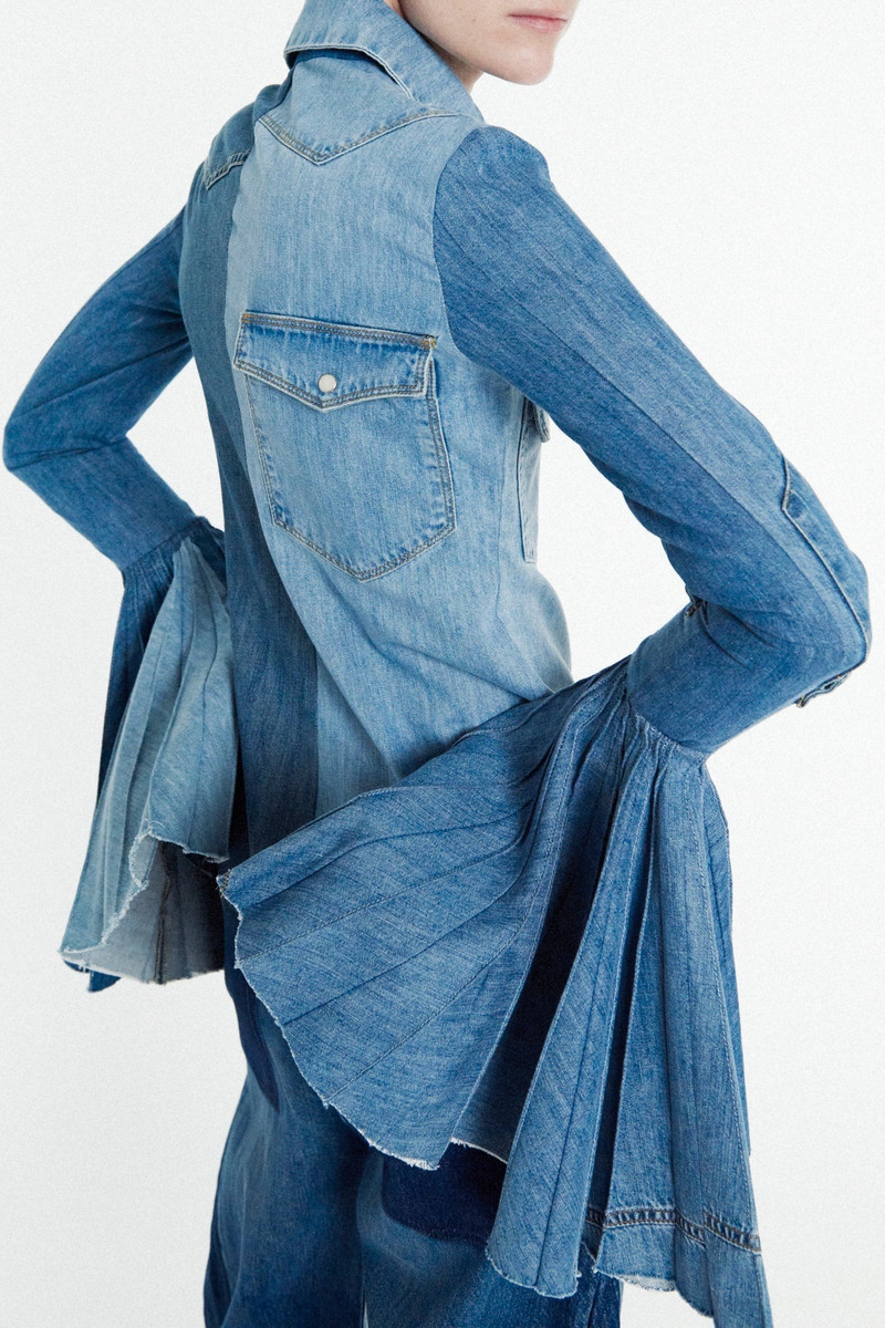 A.W.A.K.E. MODE RECYCLED DENIM SHIRT WITH PLEATED BELL SLEEVES BLUE outlook