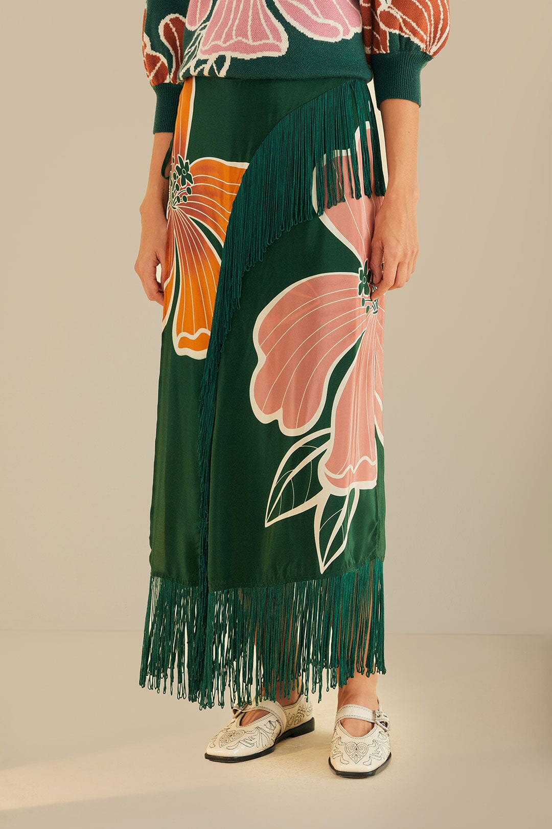 Green Honolulu Flowers Fringe Maxi Skirt - 2