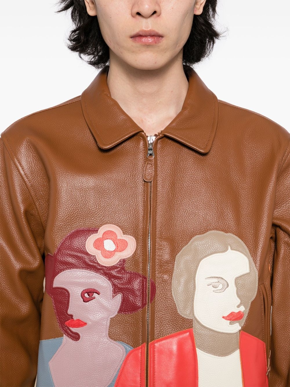 Patchwork portrait leather jacket - 5