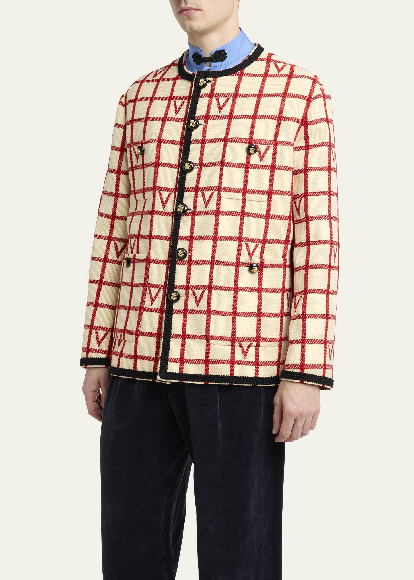 Men's Braid-Trim Monogram Check Blazer - 4