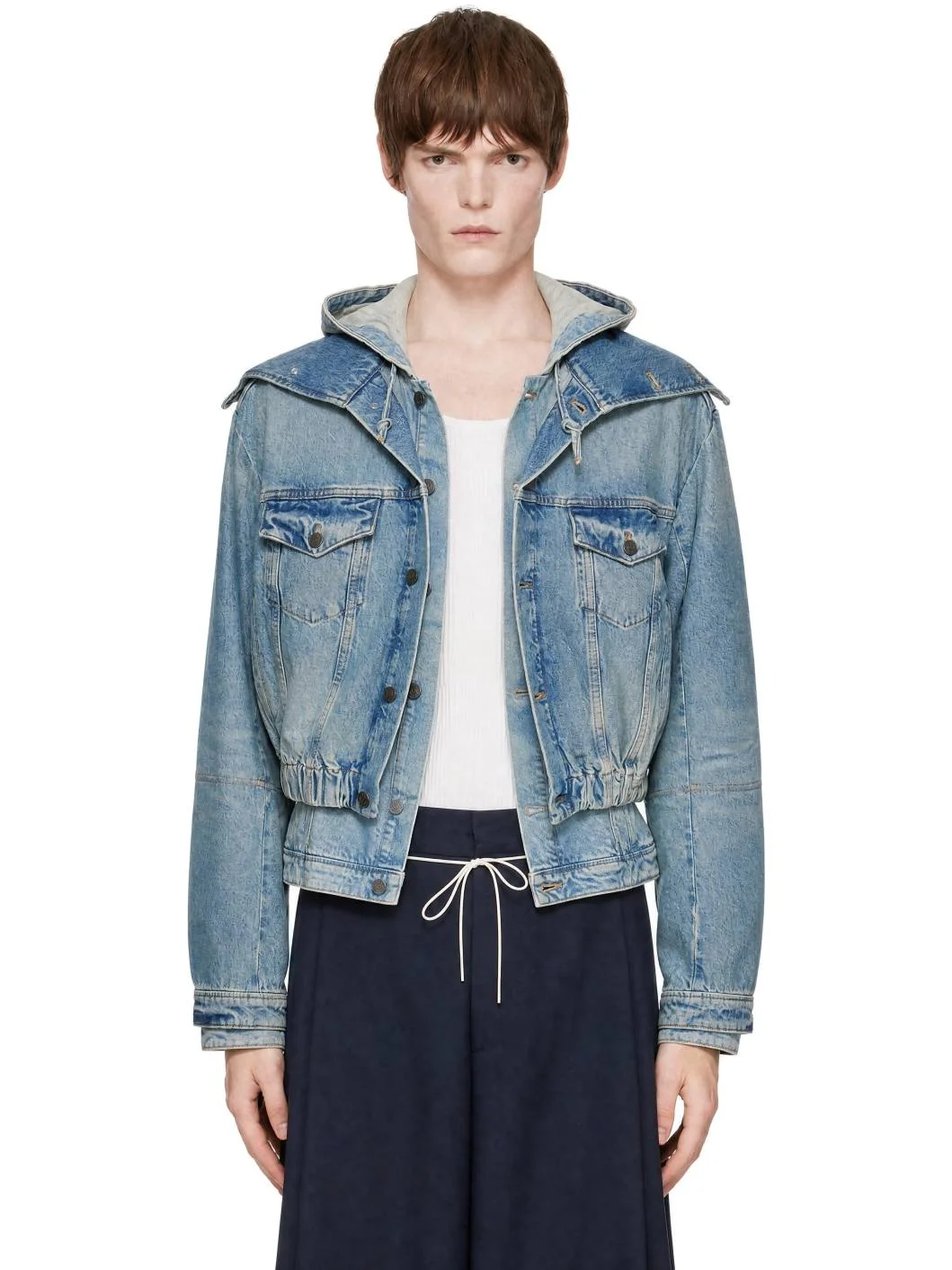 Blue Hooded Denim Bomber Jacket - 1