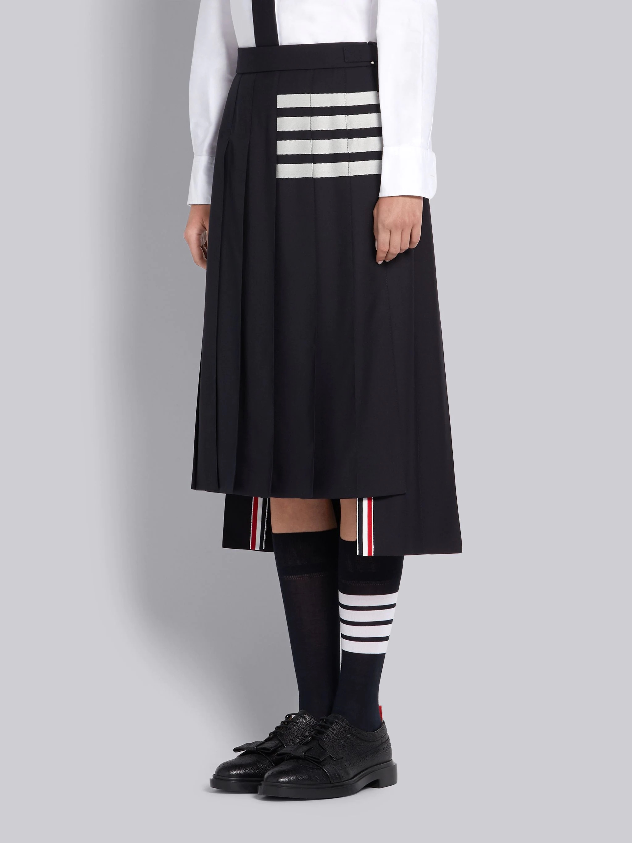Navy Wool Plain Weave Pleated 4-Bar Skirt - 2