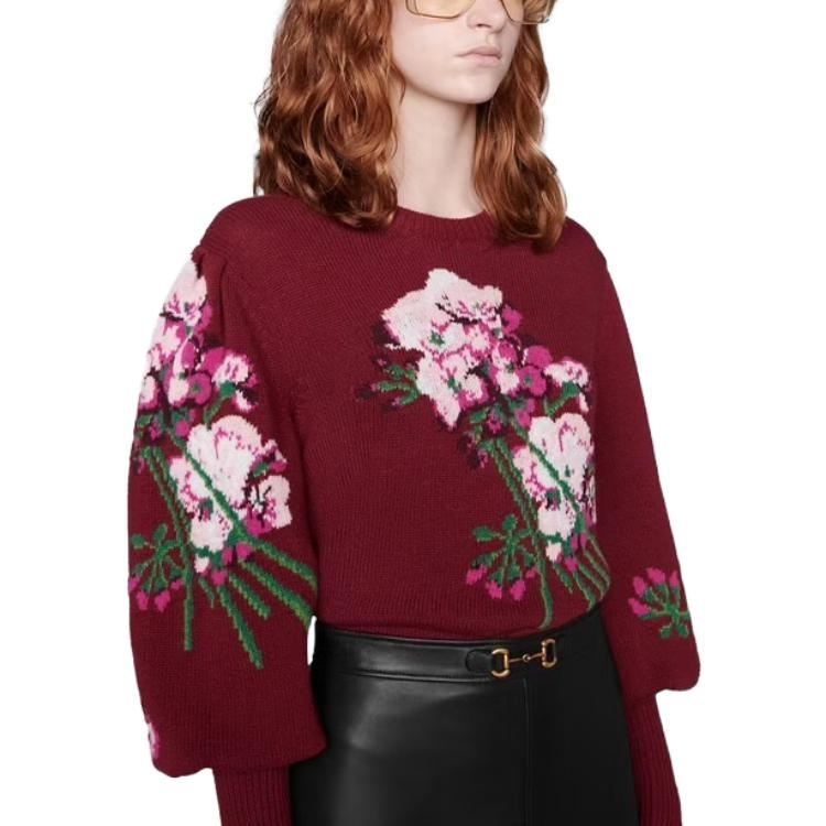 (WMNS) Gucci Floral-intarsia Wool Jumper 'Burgundy' 664326-X1274-6412 - 4