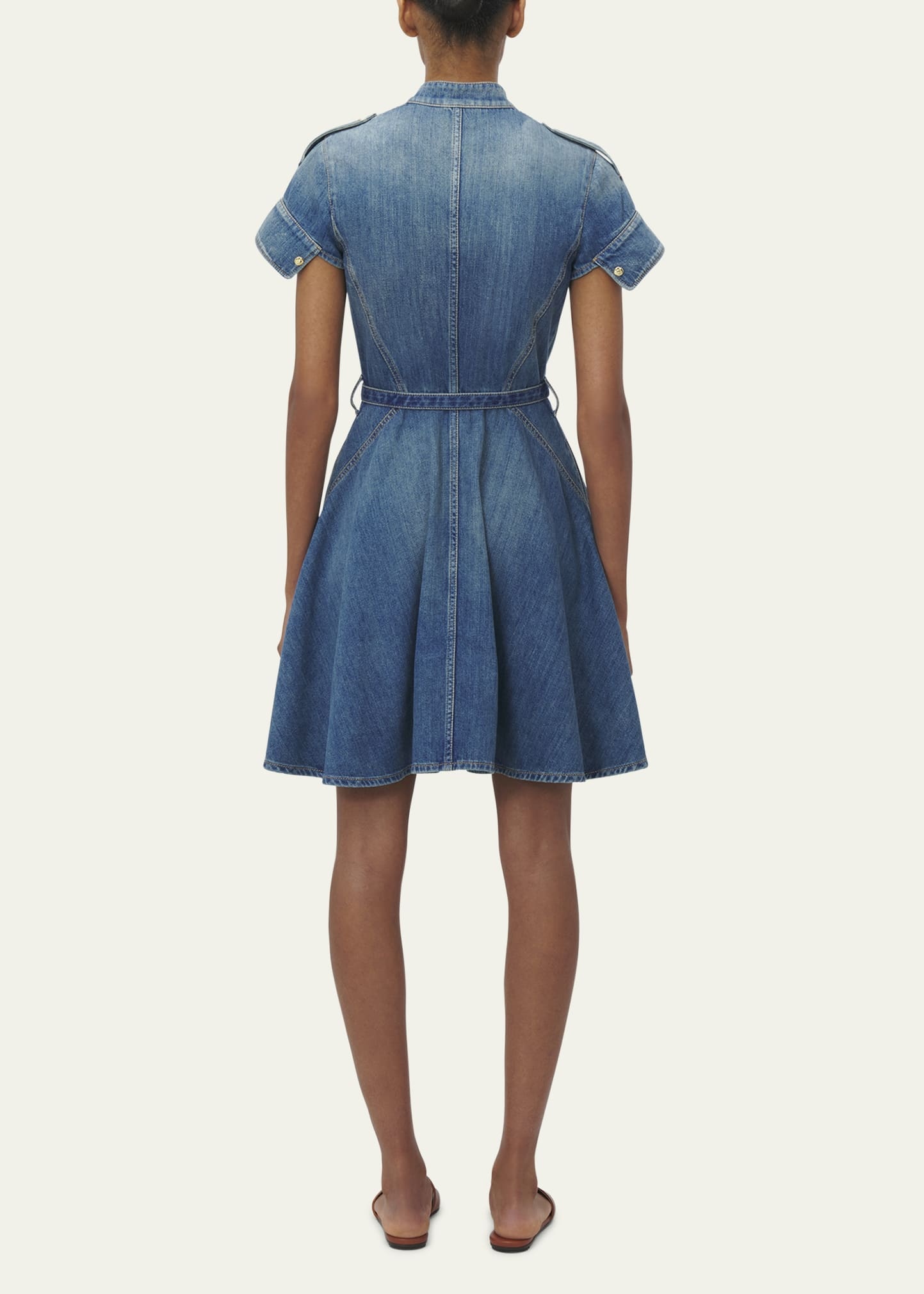 Short-Sleeve Belted Denim Mini Shirtdress - 3