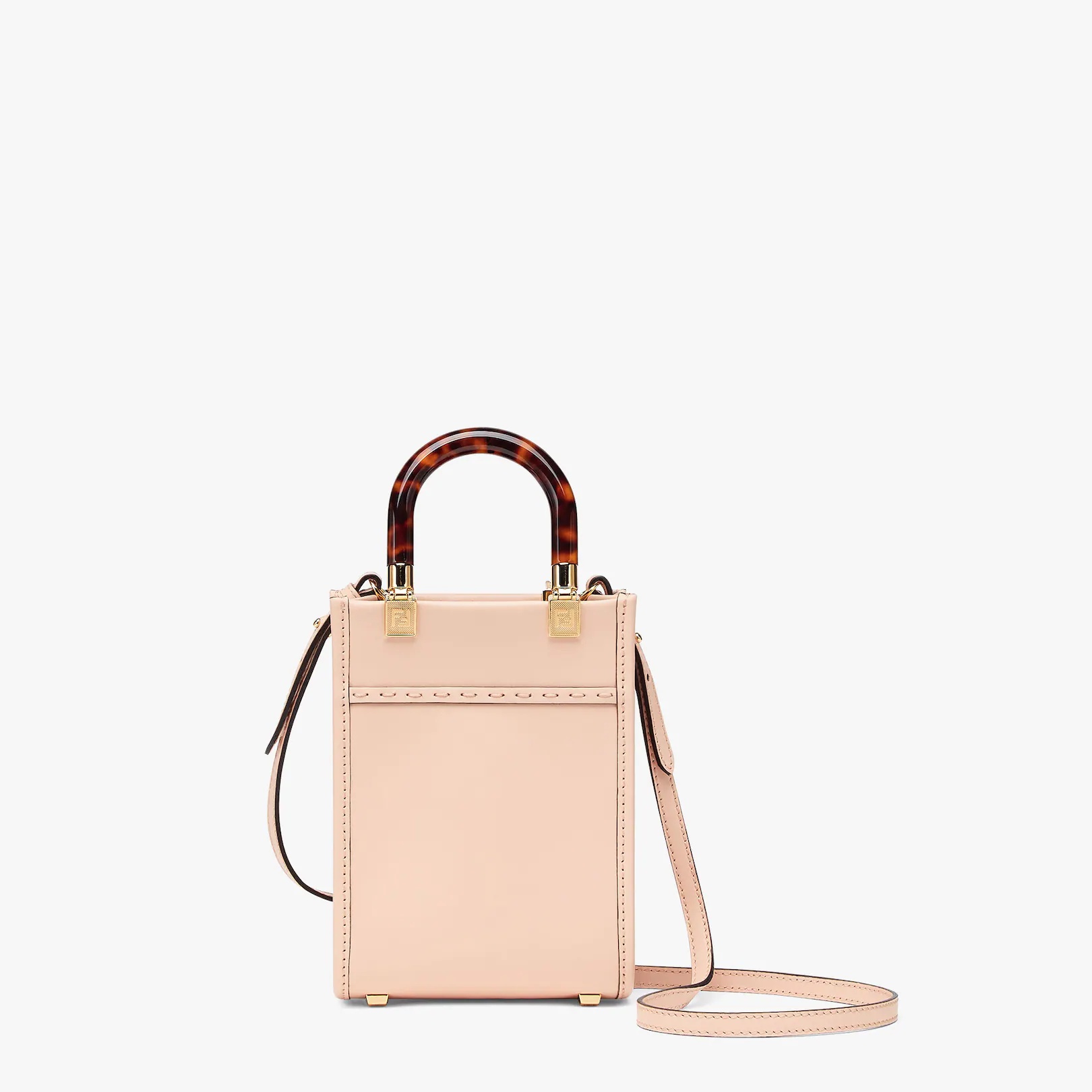 Mini Sunshine Shopper bag in pale pink leather with hot-stamped FENDI ROMA print and tortoiseshell-e - 3