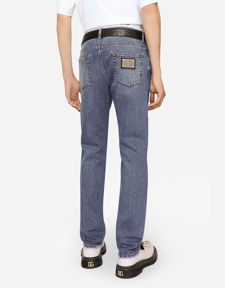 Mid blue wash slim-fit stretch jeans - 4