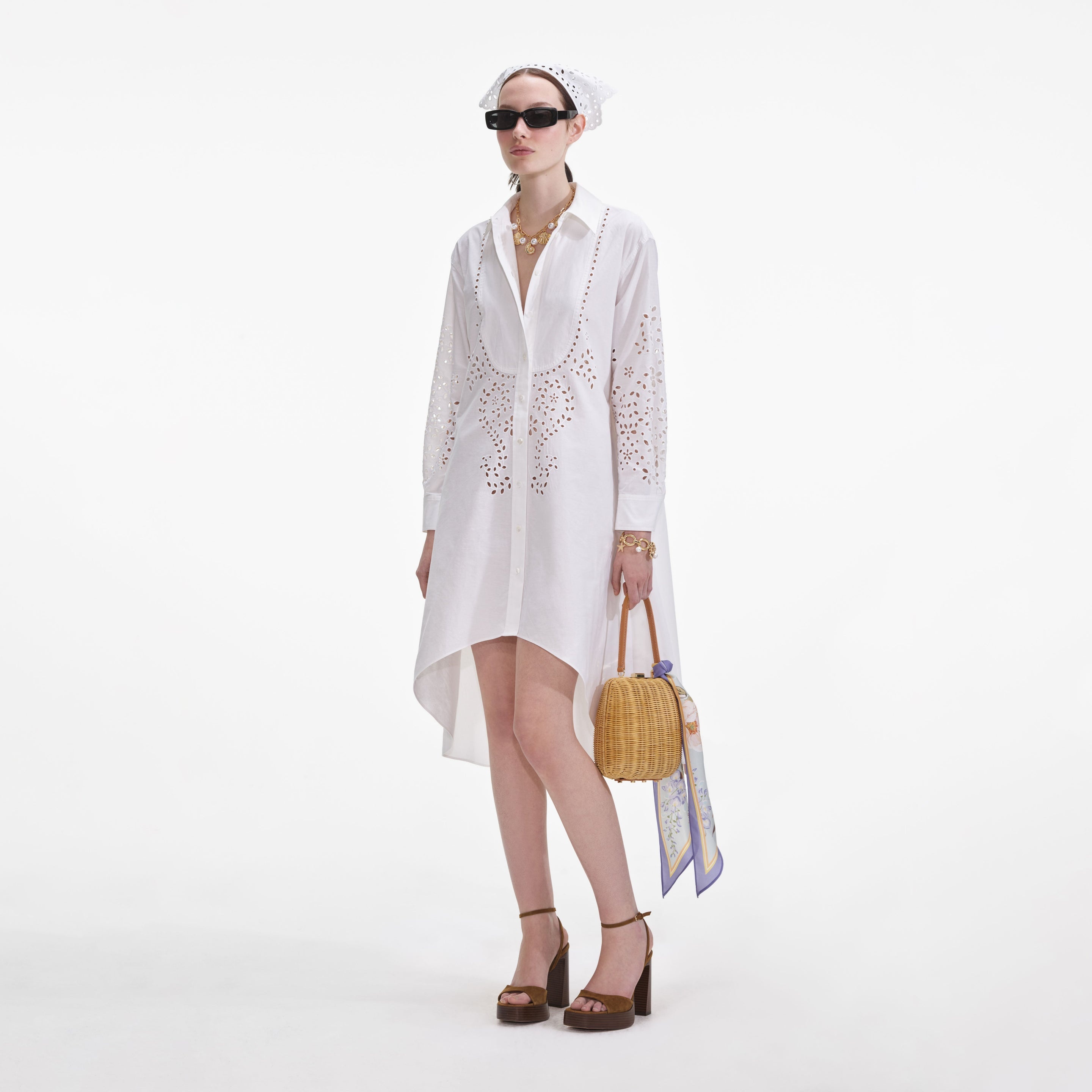 White Cotton Embroidered Shirt Dress - 2