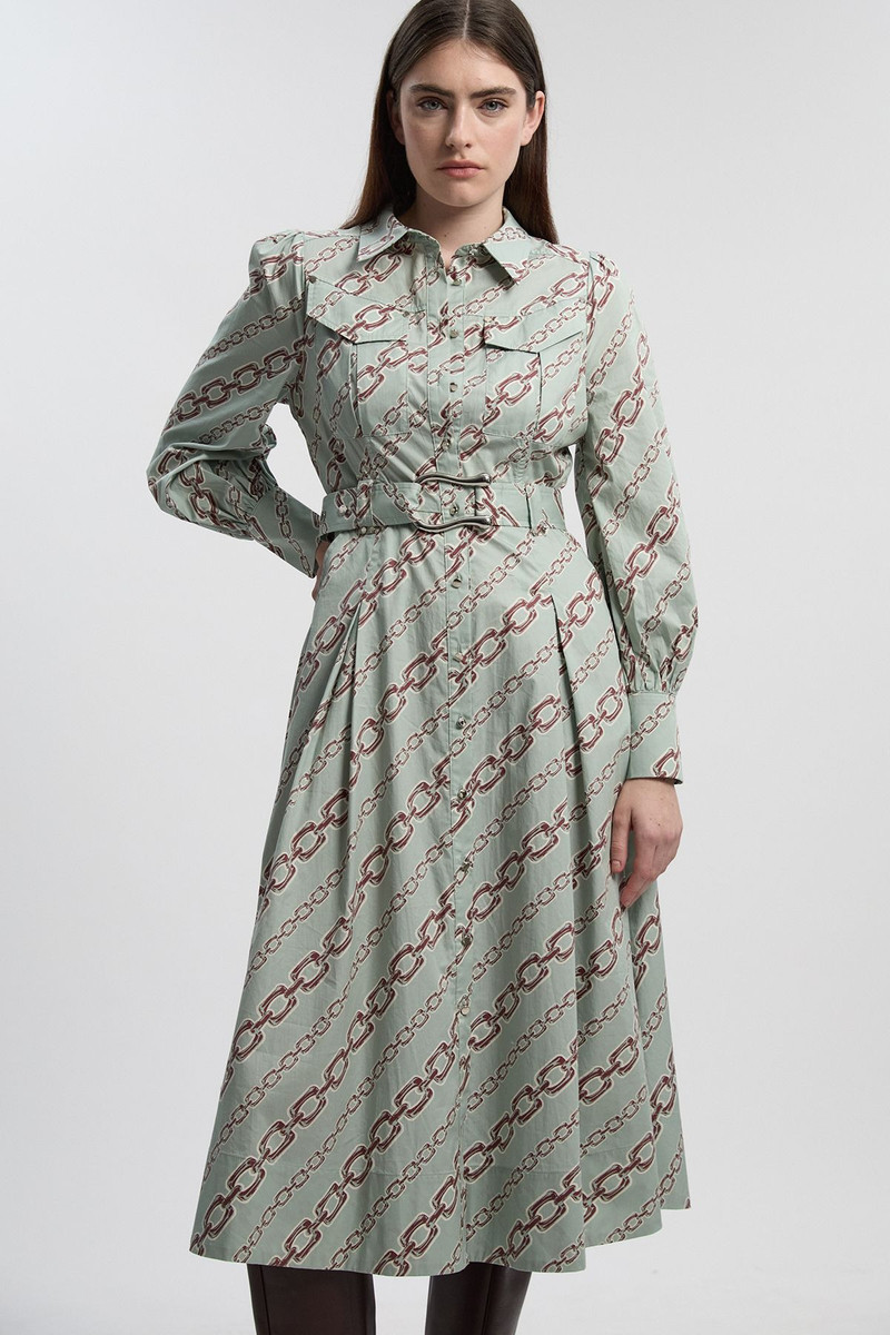 KAREN MILLEN Chain Print Cotton Sateen Belt Detail Woven Shirt Dress outlook